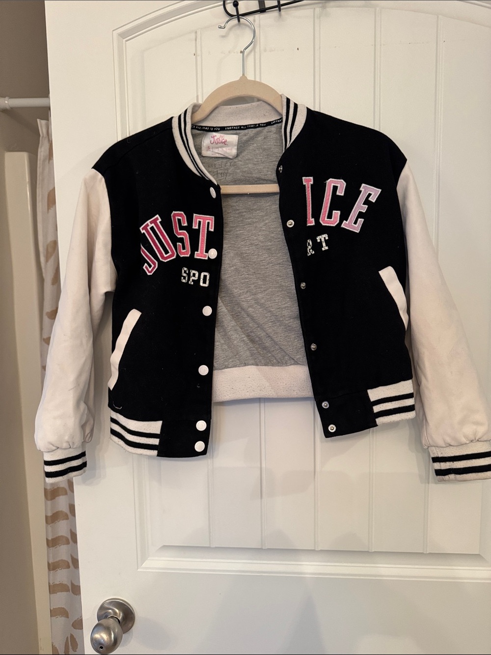 Justice Black and White Girls' Letterman Jacket with Pink Accents